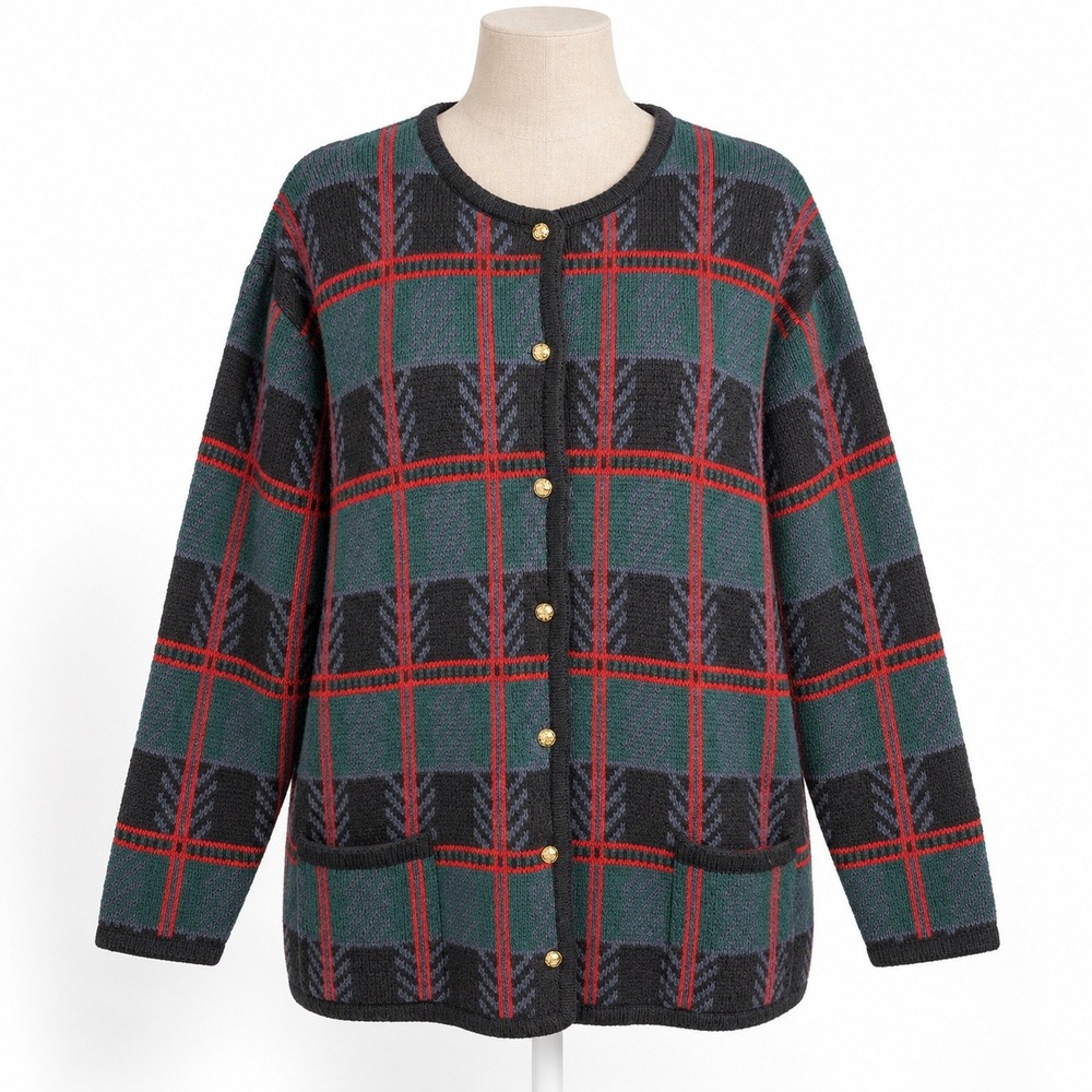 Vintage 90s Plaid Knit Button Cardigan Size 1X Green Red Classic Retro Cottage